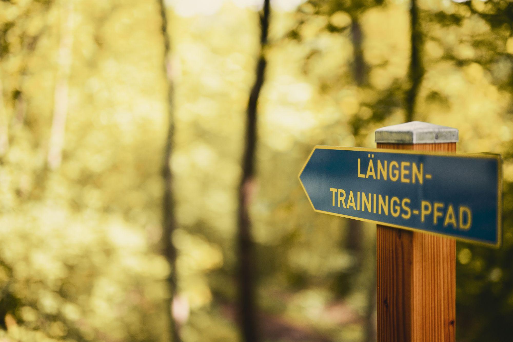 Ein Wegweiser zum Längen Trainings-Pfad, im Hintergrund lichtdurchfluterer Wald.